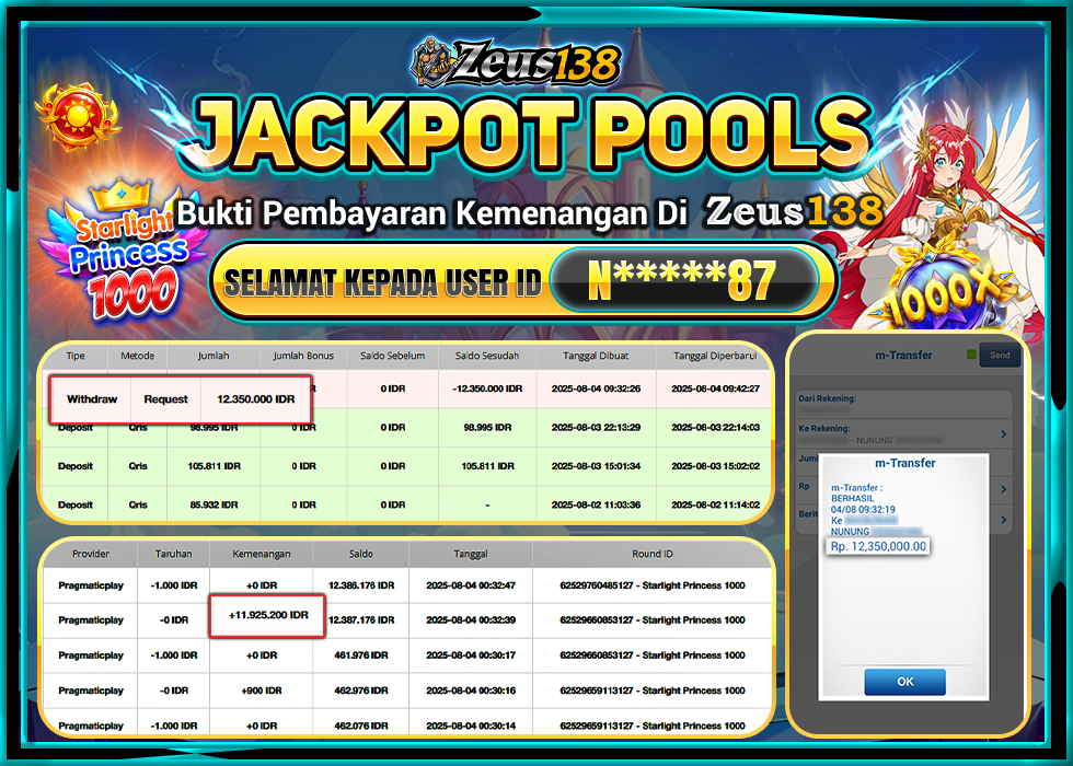 ZEUS138 STARLIGHT PRINCES 1000 Rp.12.350.000,- LUNAS